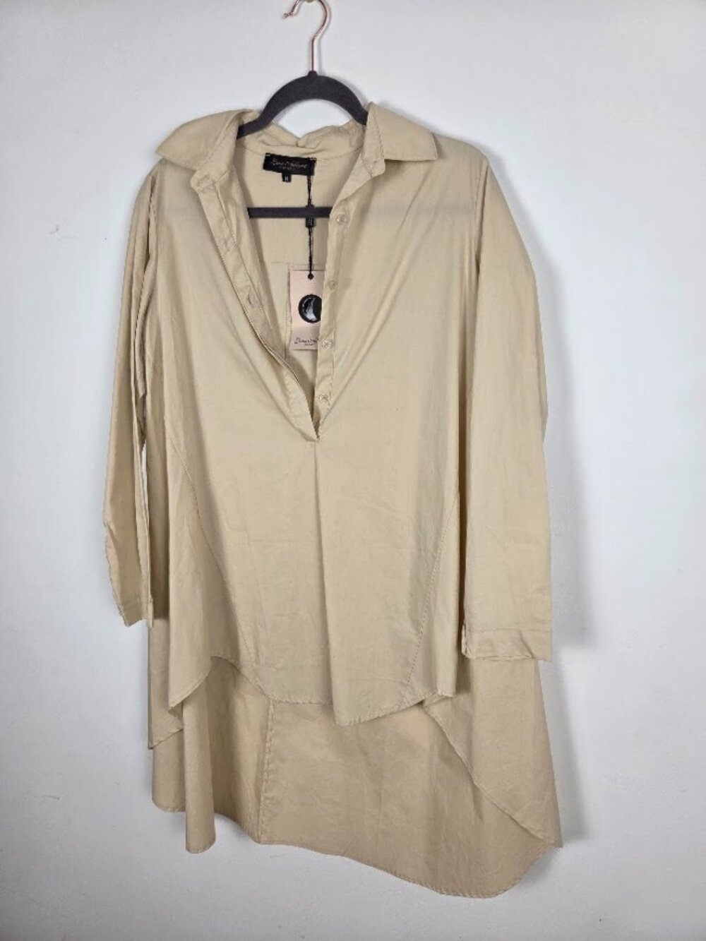 NWT Luna Allegra Made in Italy Beige 100% Cotton High Low Tunic Shirt Dress M